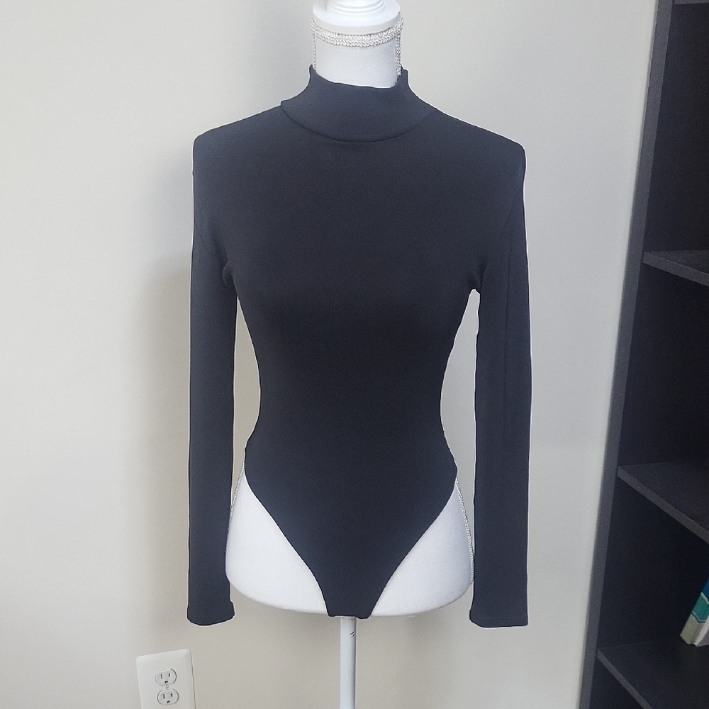 Black Stretchy Long Sleeve Turtleneck 1 Piece Snap-Crotch Thong Bodysuit